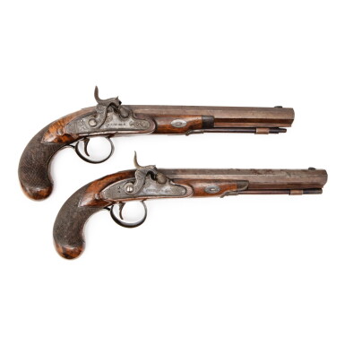 View full screen - View 1 of Lot 478. Pair Walnut and Steel Percussion Pistols, Jacob Kuntz, Philadelphia, Pennsylvania, Circa 1815.