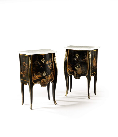 View full screen - View 1 of Lot 126. A PAIR OF GILT-BRONZE MOUNTED VARNISH COMMODES, ONE LOUIS XV PERIOD, THE OTHER ONE NAPOLEON III | PAIRE DE COMMODE EN VERNIS EUROPÉEN ET BRONZE VERNI, L'UNE D'ÉPOQUE LOUIS XV, ET D'ÉPOQUE NAPOLÉON III.