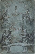Design for a book illustration: figures adoring the Sacrament flanked by St. John the Evangelist and a Bishop Saint; below two kneeling figures and two Native Americans in prayer, surrounding a globe on a baroque pedestal