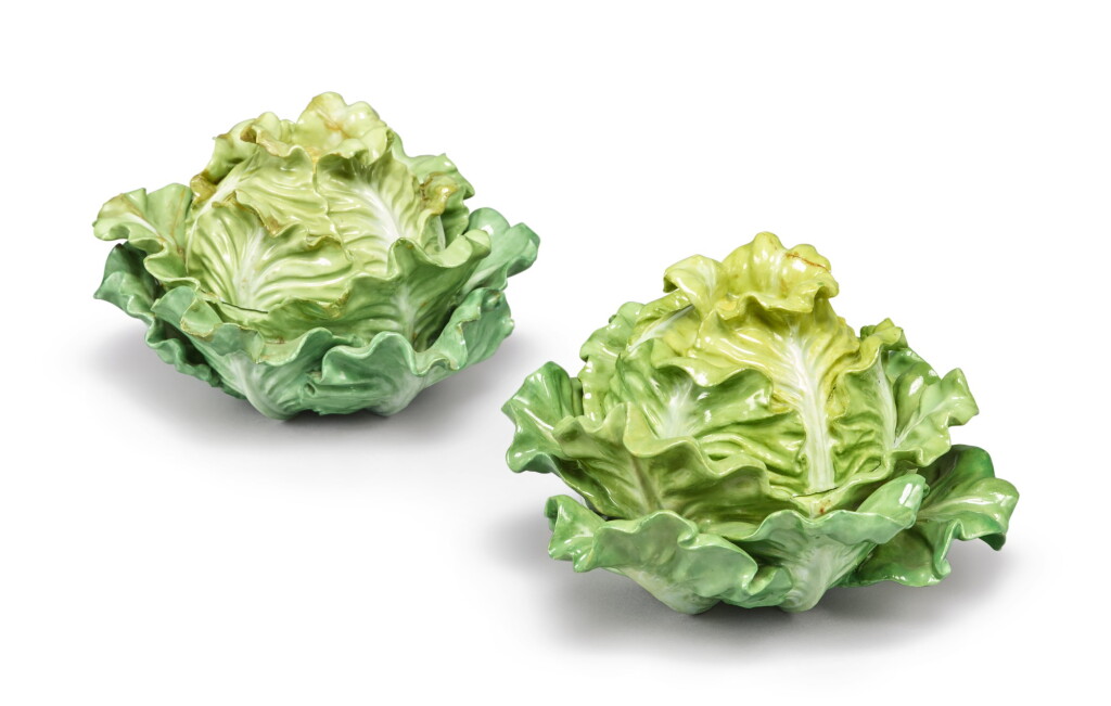 View full screen - View 1 of Lot 156. TWO MEISSEN LETTUCE-FORM BOXES AND COVERS, MID-19TH CENTURY.