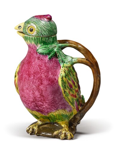 View full screen - View 1 of Lot 272. A PROSKAU FAIENCE PARROT EWER AND COVER, CIRCA 1770.