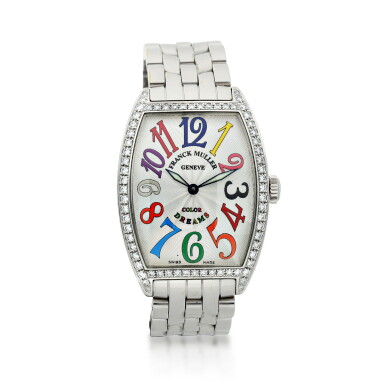 View full screen - View 1 of Lot 556. FRANCK MULLER | REFERENCE 2852 QZ CINTRÉE CURVEX 'COLOR DREAMS' A STAINLESS STEEL AND DIAMOND-SET TONNEAU-SHAPED AUTOMATIC WRISTWATCH WITH DATE, CIRCA 2018.