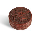 AN IMPERIAL CARVED CINNABAR LACQUER BOX AND COVER, QIANLONG MARK AND PERIOD | 清乾隆 剔紅赤壁寶盒 《赤壁寶盒》、《大清乾隆年製》款