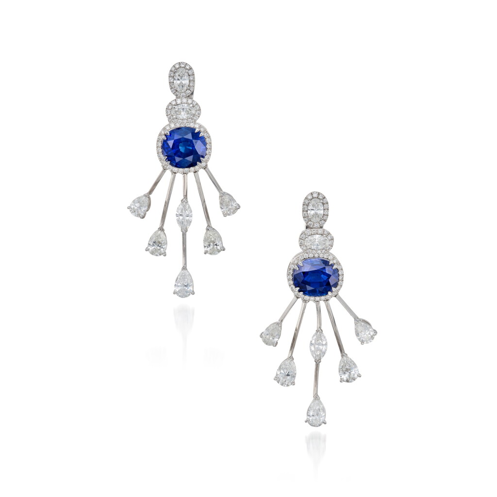 View full screen - View 1 of Lot 45. Pair of Sapphire and Diamond Earclips, France.