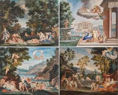 View full screen - View 1 of Lot 140. A set of four mythological scenes: Venus and Her Maidens Clipping Cupid's Wings; Diana and Acteon; Venus at the Forge of Vulcan; The Toilet of Venus..