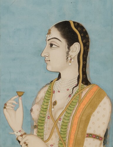 View full screen - View 1 of Lot 859. A Courtesan Holding a Small Cup, North India / Mughal, 18th century.