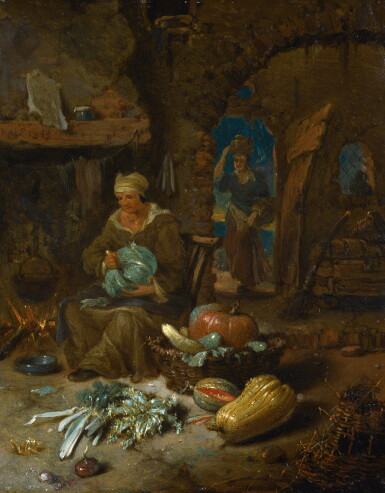 View full screen - View 1 of Lot 146. WILLEM KALF | Barn interior with an old woman and still life of vegetables.