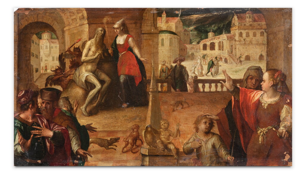 View full screen - View 1 of Lot 22. Circle of Hans von Aachen, Job being berated by his wife | Entourage de Hans von Aachen, Job tancé par sa femme.