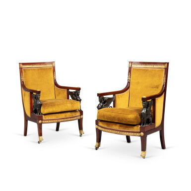 View full screen - View 1 of Lot 456. A pair of Empire patinated and gilt-bronze mounted mahogany "sphinges" armchairs, circa 1805, by François-Honoré Jacob and Georges II Jacob | Paire de fauteuils aux sphinges en acajou et montures de bronze patiné et doré d'époque Empire, vers 1805, par François-Honoré Jacob et Georges II Jacob.