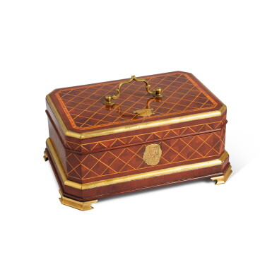 View full screen - View 1 of Lot 35. A German brass-mounted mahogany and tulipwood parquetry casket by Abraham Roentgen, Neuwied, circa 1755-60 | Schatulle aus Mahagoni, Veilchenholz, Parketterie und mit Messingfassungen, von Abraham Roentgen, Deutschland, Neuwied, circa 1755-1760.