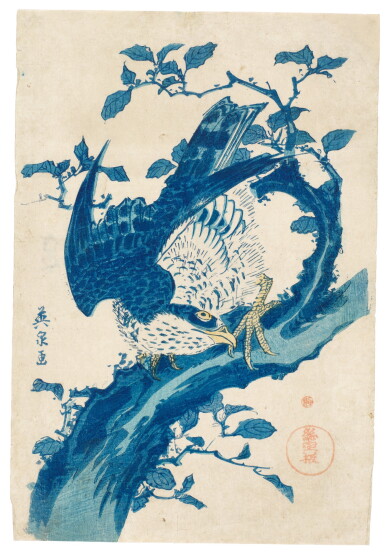 View full screen - View 1 of Lot 68. Keisai Eisen (1790-1848) Falcon on a branch, Edo period, 19th century.