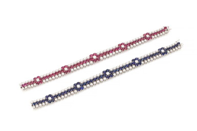 View full screen - View 1 of Lot 20. TWO GEM-SET AND DIAMOND BRACELETS (DUE BRACCIALI IN DIAMANTI CON RUBINI E ZAFFIRI).