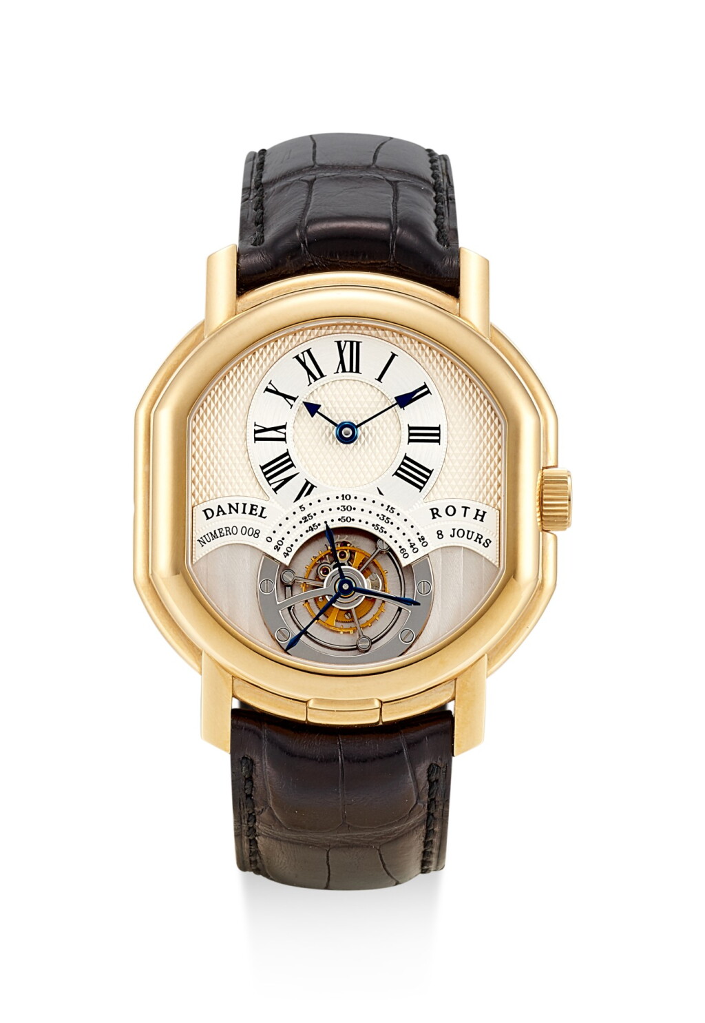 View full screen - View 1 of Lot 8192. DANIEL ROTH | REGULATEUR TOURBILLON, REFERENCE 197.X.40, A PINK GOLD DOUBLE DIALED TOURBILLON WRISTWATCH WITH DATE AND 8 DAY POWER RESERVE INDICATION, CIRCA 2004.