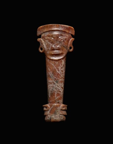 View full screen - View 1 of Lot 926. A rare russet jade 'mask' pendant, Neolithic period, Shijiahe culture | 新石器時代 石家河文化 神人獸面玉飾.