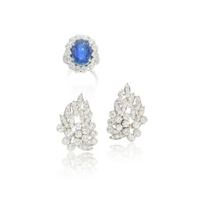 View full screen - View 1 of Lot 846. Sapphire and diamond ring and a pair of diamond earrings.
