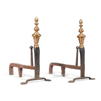 View full screen - View 1 of Lot 10. Rare Pair of Queen Anne Wrought Iron and Cast Brass Andirons, Probably Philadelphia, Pennsylvania, Circa 1735.