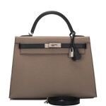 Hermès Special Order Etoupe and Black Epsom Sellier Kelly 32cm Palladium Hardware