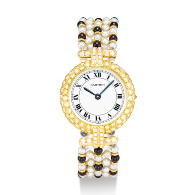 View full screen - View 1 of Lot 2144. CARTIER | A YELLOW GOLD, DIAMOND AND YELLOW DIAMOND-SET WRISTWATCH WITH CULTURED PEARL AND ONYX BRACELET, CIRCA 1990 | 卡地亞 | 黃金鑲鑽石及黃鑽石鏈帶腕錶,鏈帶備珍珠及瑪瑙,錶殼編號810042405,約1990年製.