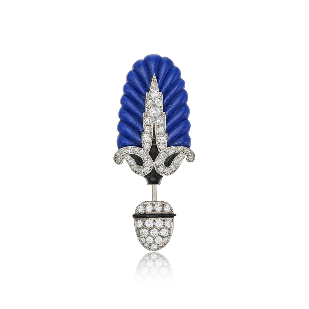 View full screen - View 1 of Lot 13. Lapis Lazuli, Onyx, Enamel and Diamond Jabot Pin.