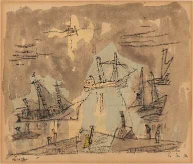 View full screen - View 1 of Lot 659. Sailing Ships, Boats, and Figures on the Shore.