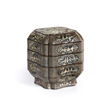 View full screen - View 1 of Lot 3661. A magnificent and extremely rare black lacquer mother-of-pearl inlaid three-tiered square box and cover Yuan dynasty | 元 黑漆嵌螺鈿訪友圖三層委角方盒.