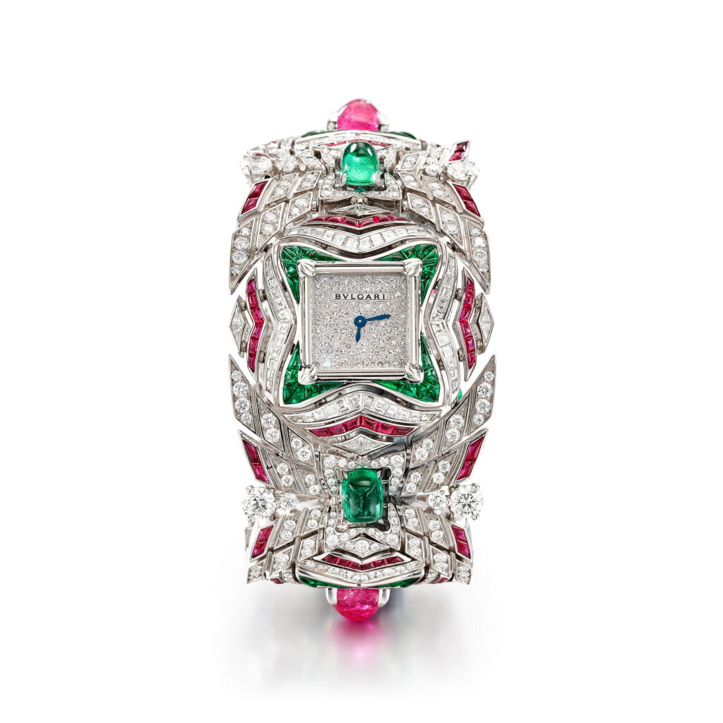View full screen - View 1 of Lot 1881. Diamond, Ruby and Emerald Bracelet Watch | 寶格麗 | 鑽石 配 紅寶石 及 祖母綠 腕錶.