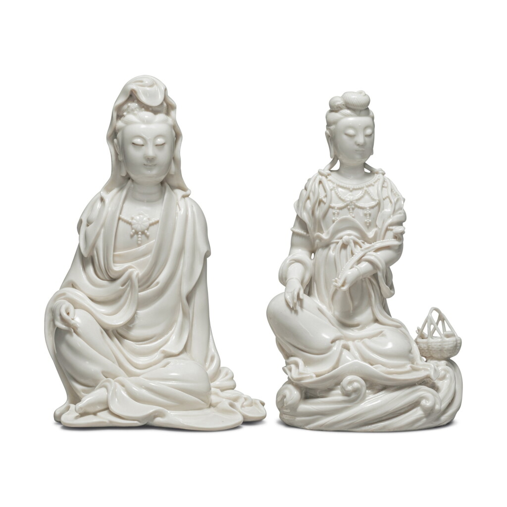 View full screen - View 1 of Lot 39. Two 'Dehua' figures of seated Guanyin, 20th century.