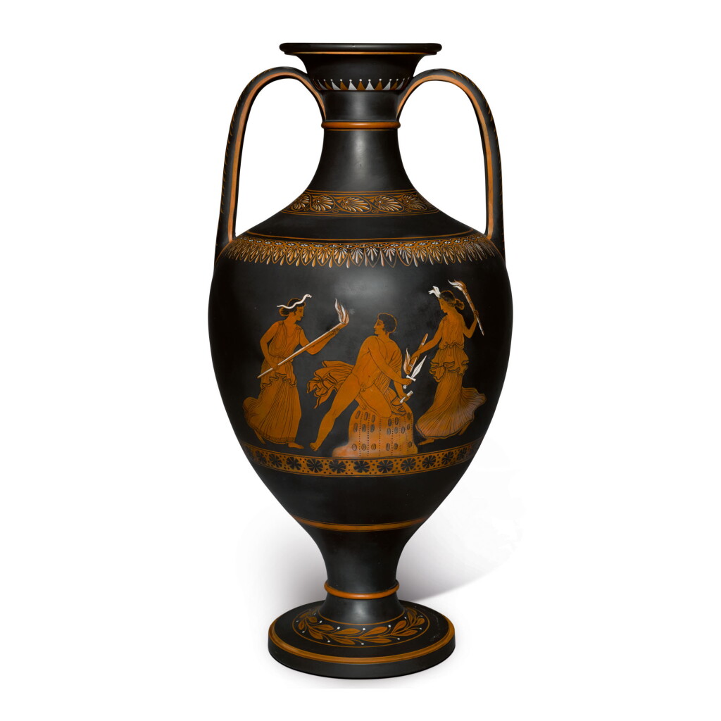 View full screen - View 1 of Lot 125. A WEDGWOOD BLACK BASALT 'ENCAUSTIC'-DECORATED AMPHORA VASE LATE 18TH CENTURY .