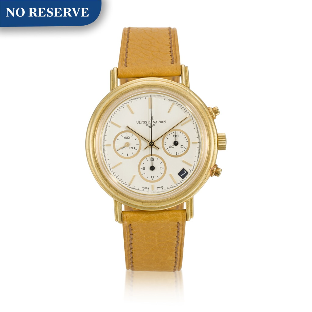 View full screen - View 1 of Lot 85. Yellow gold chronograph wristwatch with date Circa 1990.