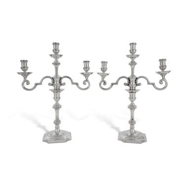 View full screen - View 1 of Lot 545. Royal: A Pair of English Silver Three-Light Candelabra, Goldsmiths & Silversmiths Co. Ltd., London, 1938.
