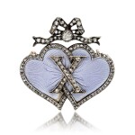 A Fabergé jewelled silver-topped gold and guilloché enamel pendant brooch, workmaster August Holmström, St Petersburg, circa 1900