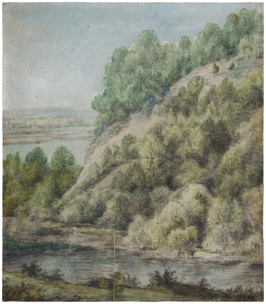 View full screen - View 1 of Lot 92. A wooded riverbank with a man and his horse at the river's edge.