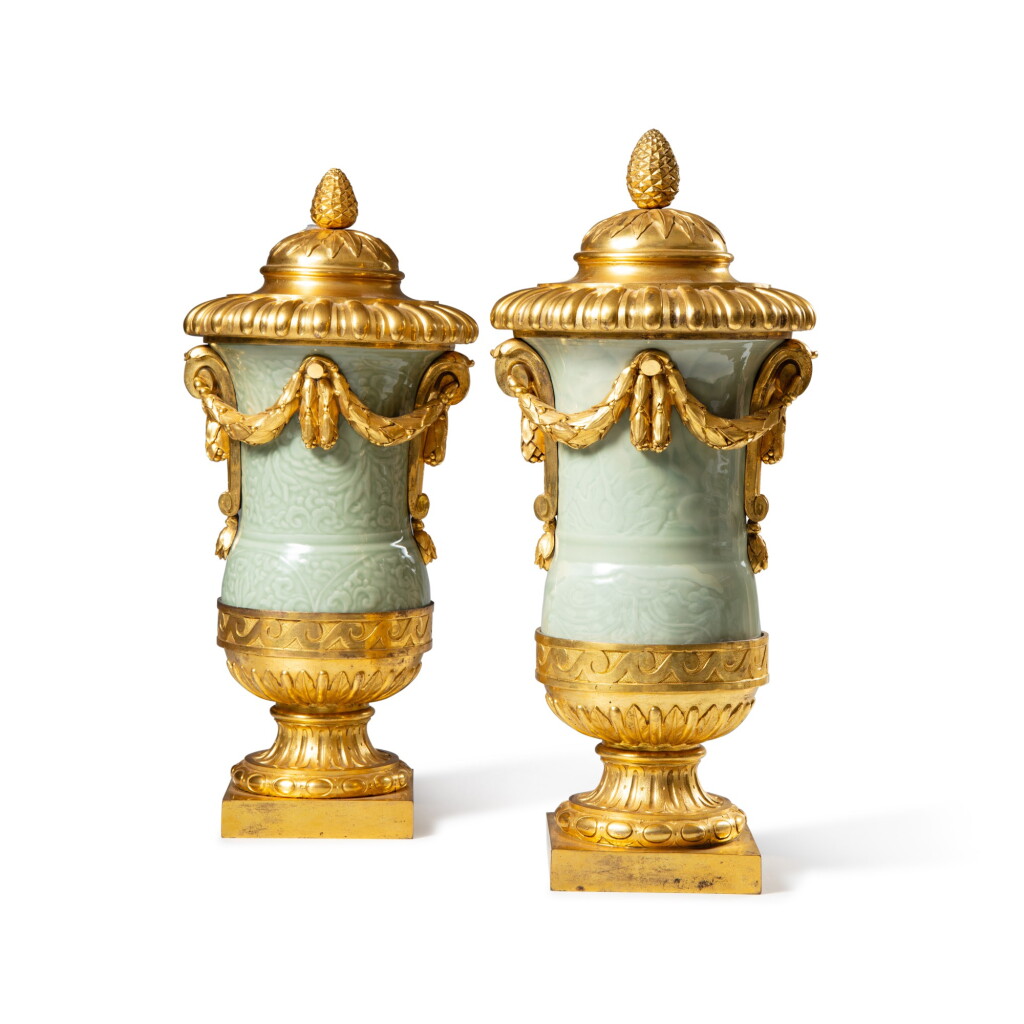 View full screen - View 1 of Lot 66. A pair of gilt-bronze mounted Chinese celadon porcelain covered vases, the porcelain Kangxi (1662-1722), the mounts, late Louis XV, circa 1770 - 1775.