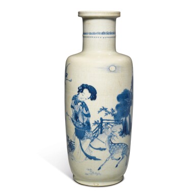 View full screen - View 1 of Lot 862. A BLUE AND WHITE KANGXI-STYLE ROULEAU VASE, QING DYNASTY, 19TH CENTURY.