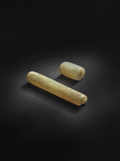 View full screen - View 1 of Lot 260. Two archaic celadon jade beads, Neolithic period, Hongshan culture | 新石器時代 紅山文化 青玉管兩件.
