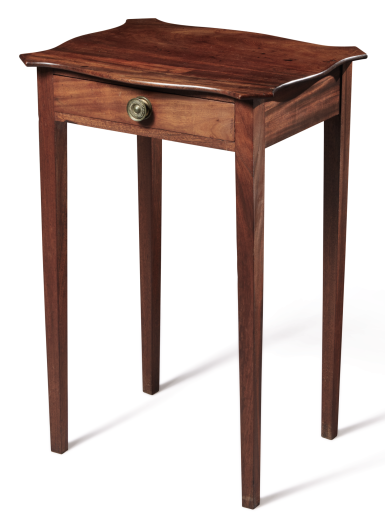 View full screen - View 1 of Lot 1204. VERY FINE CHIPPENDALE FIGURED MAHOGANY SERPENTINE-TOP WORK TABLE, MASSACHUSETTS, CIRCA 1790.