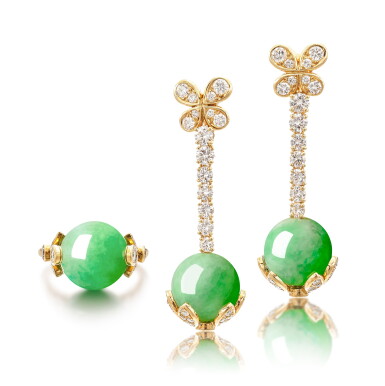 View full screen - View 1 of Lot 2028. Pair of Jadeite and Diamond Earrings; and Monture Cartier | Jadeite and Diamond Ring | 卡地亞 | 天然翡翠 配 鑽石 耳環一對;及 卡地亞鑲嵌 | 天然翡翠 配 鑽石 戒指.