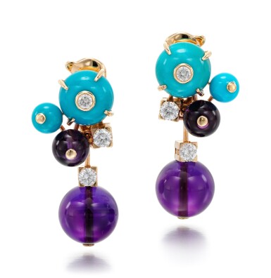 View full screen - View 1 of Lot 114. PAIR OF AMETHYST, TURQUOISE AND DIAMOND EARRINGS, 'DELICES DE GOA', CARTIER.