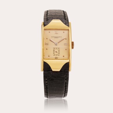 View full screen - View 1 of Lot 602. A yellow gold wristwatch with unusual lugs, Circa 1950.
