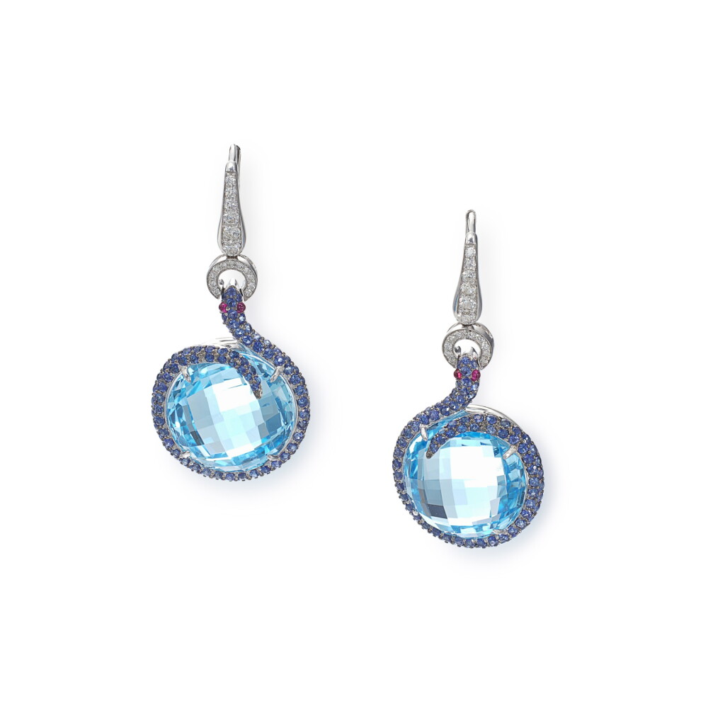 View full screen - View 1 of Lot 61. Pair of gem set and diamond earrings.