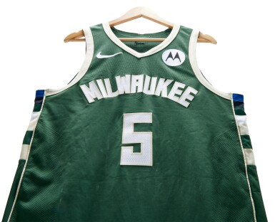 View full screen - View 1 of Lot 43. Malik Beasley Milwaukee Bucks 2023-2024 Kia NBA Tip-Off Game Worn Icon Edition Jersey.