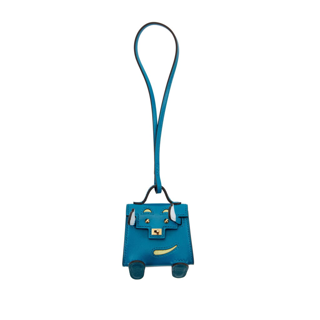 View full screen - View 1 of Lot 37. Bleu Izmir, Jaune Bourgeon, Bleu Brume, and Vert Bosphore Tadelakt and Chèvre Quelle Idole Kelly Doll Bag Charm Gold Hardware, 2021.
