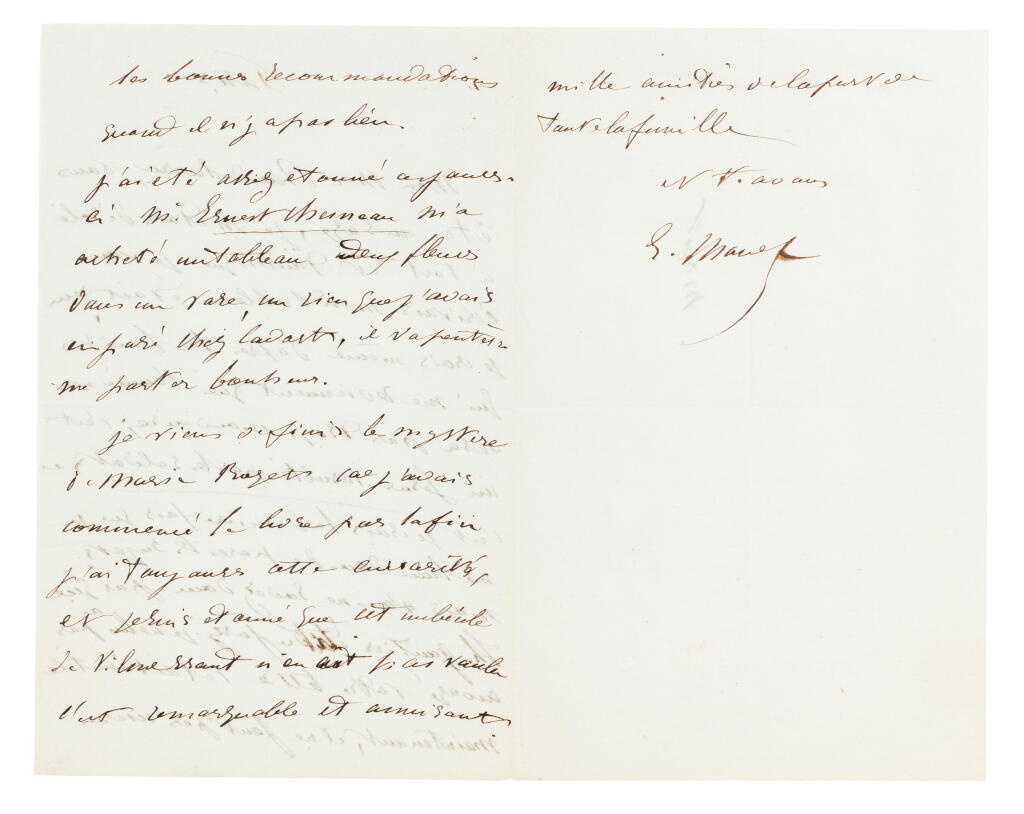 View full screen - View 1 of Lot 37. Lettre autographe signée à Baudelaire. 1865. Sur son tableau "Jésus insulté par les soldats", exposé au salon de 1865, et à propos de la traduction de Poe par Baudelaire..