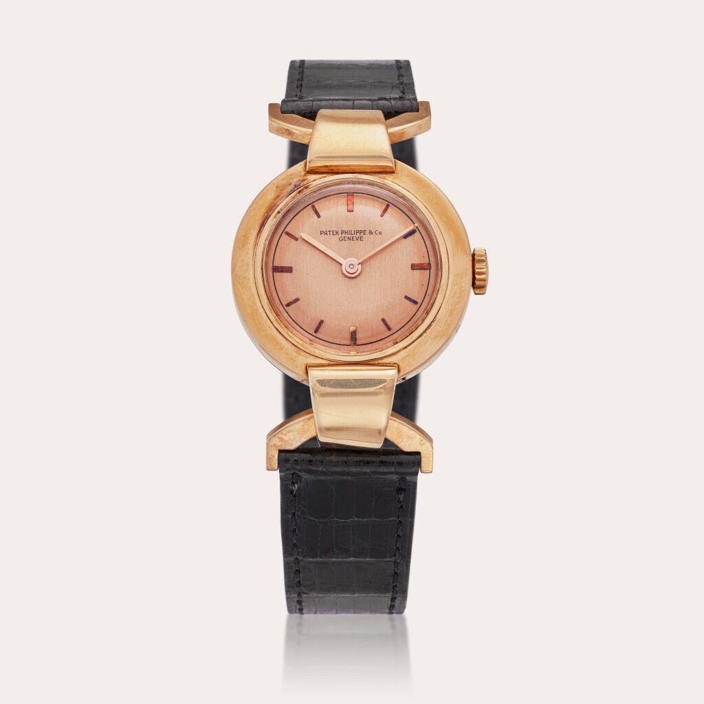 View full screen - View 1 of Lot 15. Reference 572 'Pink on Pink' | A pink gold wristwatch with interchangeable lugs and pink dial, Made in 1938.