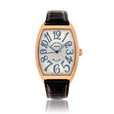 View full screen - View 1 of Lot 128. Reference 6850 SC Sunset A pink gold automatic tonneau shaped wristwatch, Circa 2000.