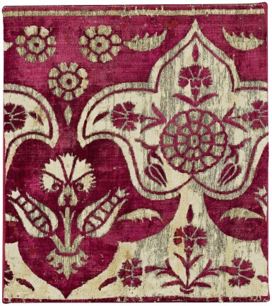 View full screen - View 1 of Lot 174. AN OTTOMAN VELVET BROCADE FRAGMENT WITH RECIPROCAL TREFOILS, TURKEY, BURSA OR ISTANBUL, LATE 16TH/EARLY 17TH CENTURY.