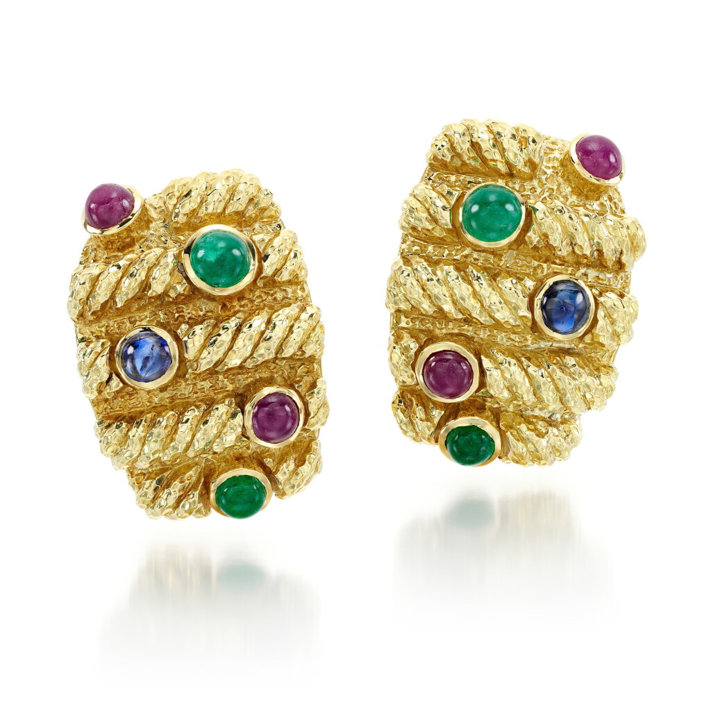 View full screen - View 1 of Lot 47. DAVID WEBB | PAIR OF GEM SET EAR CLIPS.