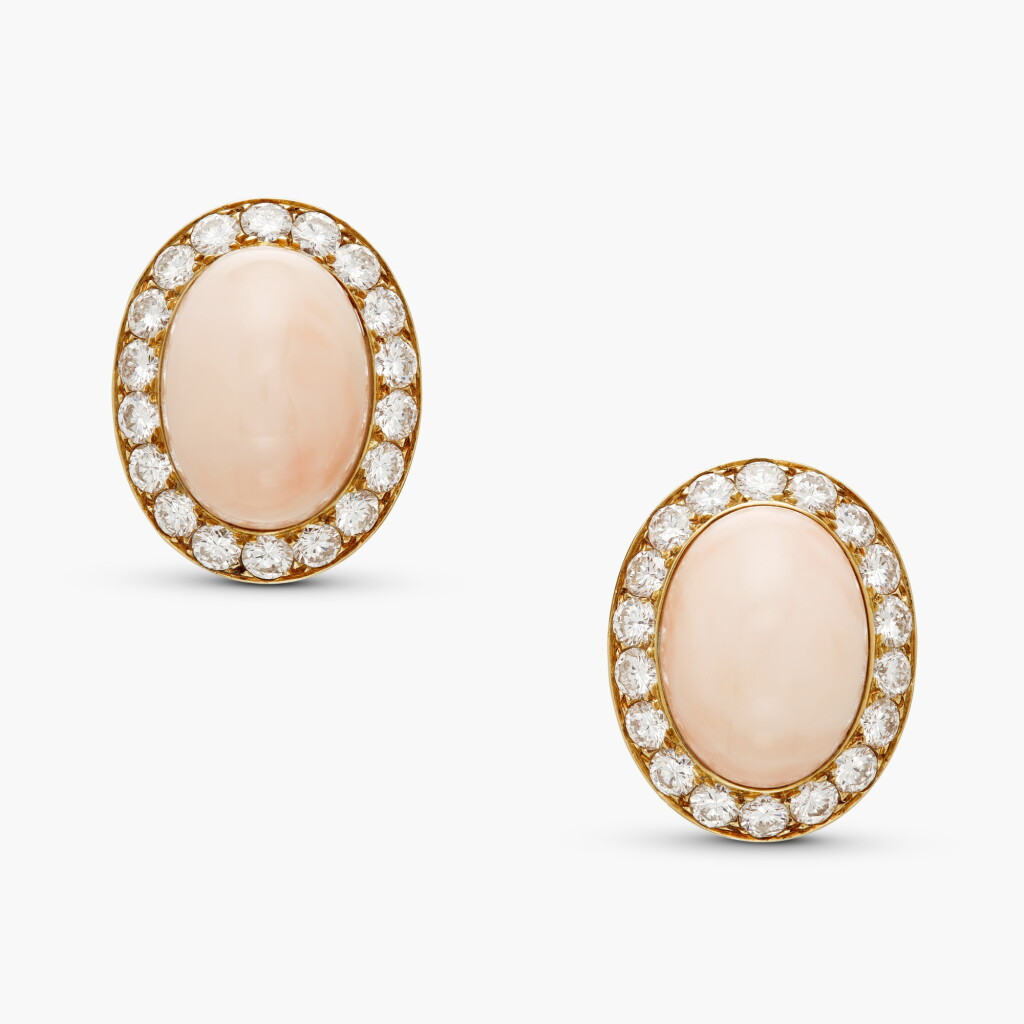 View full screen - View 1 of Lot 289. Pair of Coral and Diamond Earclips, France.