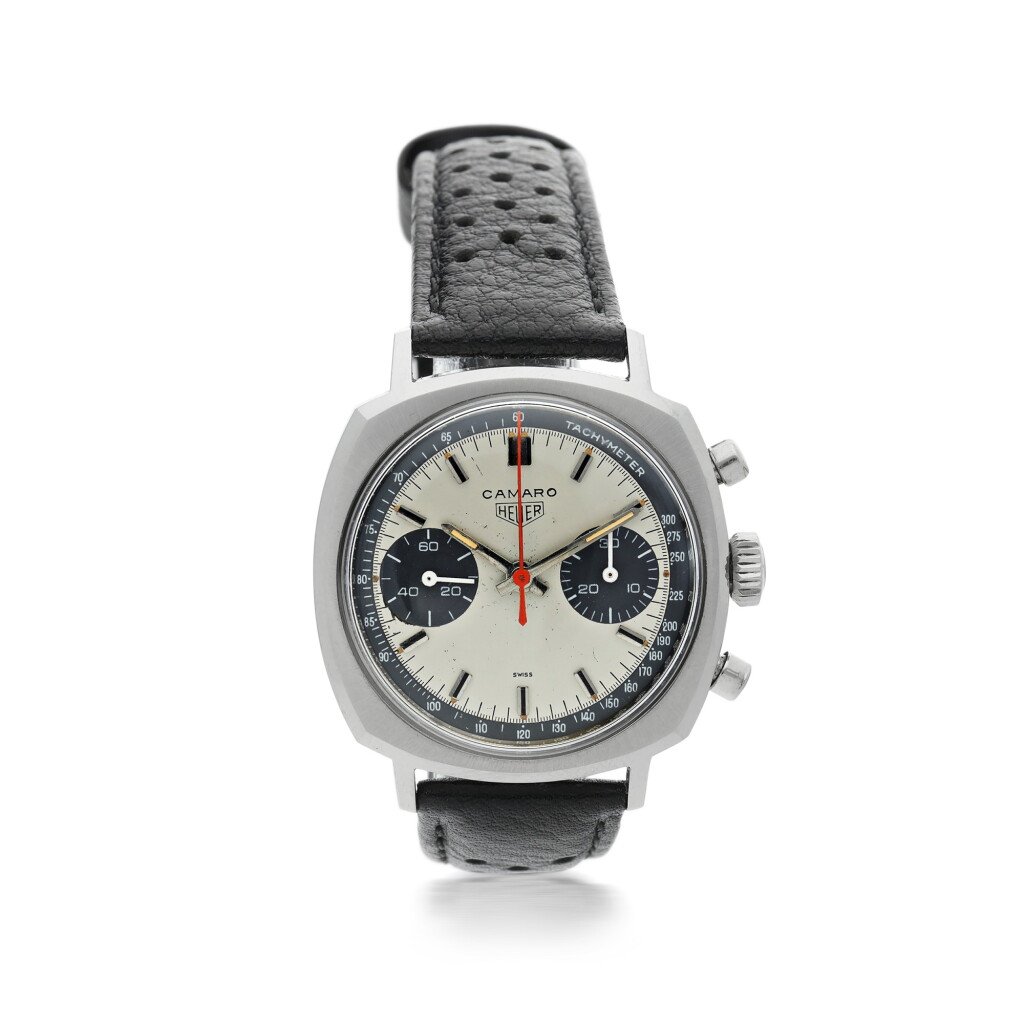 View full screen - View 1 of Lot 55. HEUER | CAMARO A STAINLESS STEEL CUSHION SHAPED CHRONOGRAPH WRISTWATCH, CIRCA 1970.