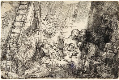 View full screen - View 1 of Lot 61. REMBRANDT HARMENSZ. VAN RIJN | THE CIRCUMCISION IN THE STABLE (B., HOLL. 47; NEW HOLL. 280; H. 274).
